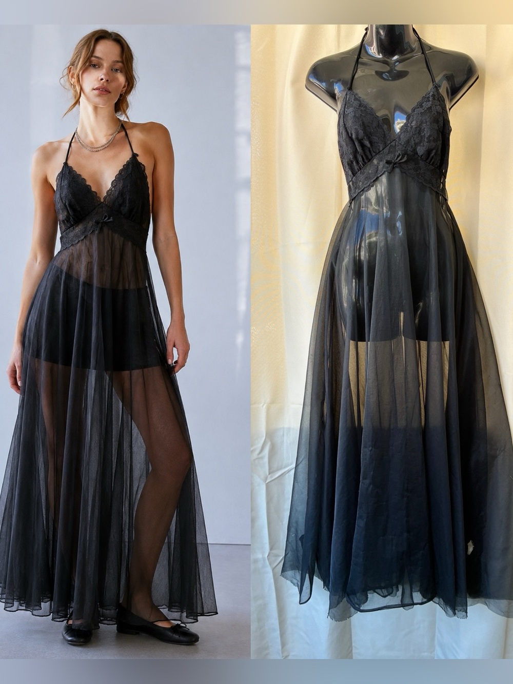 Vintage 60s Chiffon & Lace Halter Maxi Lingerie Night Gown XS